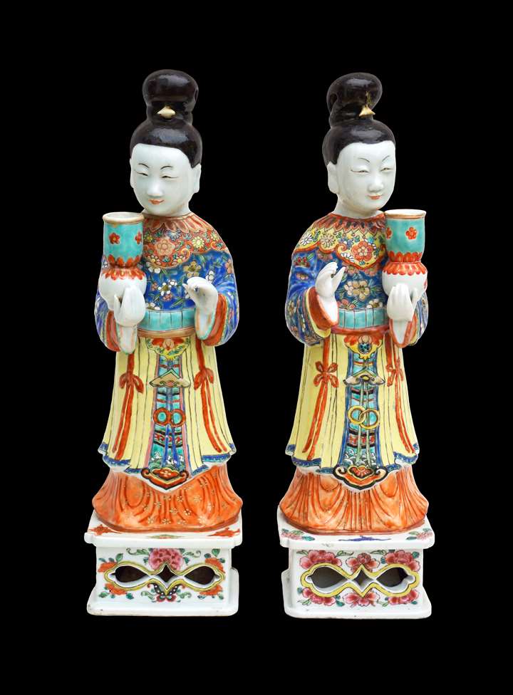 Pair of Chinese Export Porcelain figural candlesticks